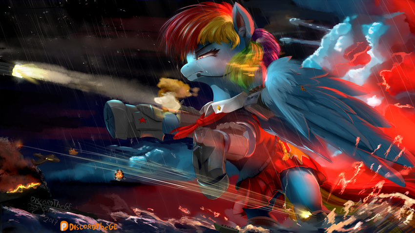 2017 blue_feathers blue_fur clothed clothing detailed_background discordthege equine feathered_wings feathers female feral friendship_is_magic fur hair hooves mammal multicolored_hair my_little_pony outside pegasus rainbow_dash_(mlp) rainbow_hair raining smile solo wings