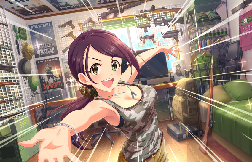 armpits artist_request assault_rifle automag bed belt beretta_93r blue_sky blush bracelet breasts brown_hair bullpup chair cleavage collarbone colt_saa day dog_tags eyelashes gewehr_98 green_eyes gun handgun hat hat_removed headwear_removed idolmaster idolmaster_cinderella_girls idolmaster_cinderella_girls_starlight_stage imi_uzi indoors jewelry long_hair looking_at_viewer low_ponytail luger_p08 m16a1 m1911 m1_garand m320 m60 mac-10 medium_breasts military military_uniform mp18 office_chair official_art open_mouth outstretched_arms pillow ponytail poster_(object) psg-1 revolver rifle room scrunchie shorts shotgun sky smile sniper_rifle solo sparkle sparkling_eyes spread_arms submachine_gun table television uniform weapon winchester_model_1897 window yamato_aki