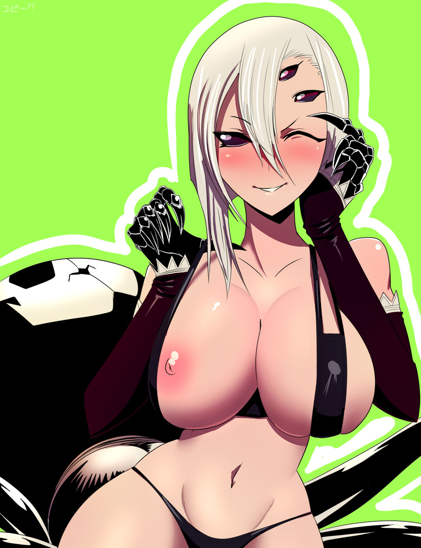 absurd_res areola arm_warmers armwear big_breasts bikini blush breasts claws clothed clothing female green_background hair hi_res monster_musume multi_eye navel nipples one_eye_closed rachnera_arachnera_(monster_musume) simple_background smile solo spidertaur swimsuit thehumancopier wink