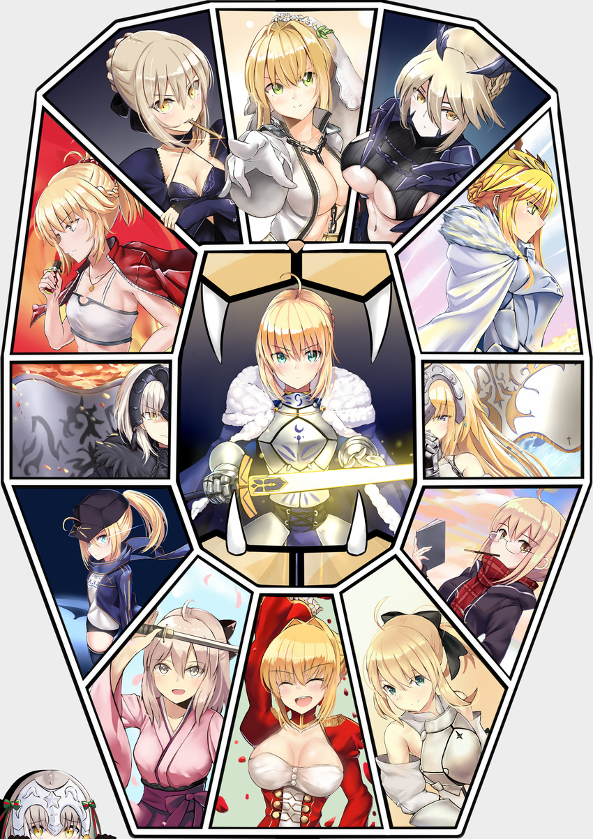 :d :t ^_^ absurdres ahoge aqua_eyes arm_up armor artoria_pendragon_(all) artoria_pendragon_(lancer) artoria_pendragon_(lancer_alter) bandeau bangs baseball_cap bell between_breasts black_bow blonde_hair blue_eyes blue_scarf blush bodysuit book bow braid breastplate breasts bridal_veil chain chocolate_bar cleavage cloak closed_eyes closed_mouth coat collarbone commentary_request covered_mouth crown duffel_coat eating epaulettes eyebrows_visible_through_hair fate/apocrypha fate/extra fate/extra_ccc fate/grand_order fate/stay_night fate/unlimited_codes fate_(series) faulds food foreshortening french_braid from_side fur_trim gauntlets glasses glint green_eyes grey_hair gym_uniform hair_between_eyes hair_bow hair_intakes half_updo hat headpiece highres holding holding_book holding_sword holding_weapon i.f.s.f interlocked_fingers jacket jacket_on_shoulders japanese_clothes jeanne_d'arc_(alter)_(fate) jeanne_d'arc_(fate) jeanne_d'arc_(fate)_(all) jeanne_d'arc_alter_santa_lily juliet_sleeves katana kimono koha-ace large_breasts lock long_hair long_sleeves look-alike looking_at_viewer medium_breasts mordred_(fate) mordred_(fate)_(all) mouth_hold multiple_girls multiple_persona mysterious_heroine_x mysterious_heroine_x_(alter) name_tag nero_claudius_(bride)_(fate) nero_claudius_(fate) nero_claudius_(fate)_(all) obi okita_souji_(fate) okita_souji_(fate)_(all) open_clothes open_coat open_jacket open_mouth open_track_jacket out_of_frame outstretched_arm own_hands_together parted_lips pauldrons peeking_out petals pink_kimono plaid plaid_scarf platinum_blonde_hair pocky pointing pointing_at_viewer ponytail puffy_sleeves red_scarf rimless_eyewear rojiura_satsuki:_chapter_heroine_sanctuary saber saber_alter saber_lily sash scarf sidelocks smile standard_bearer sword teeth twitter_username underboob unzipped upper_body veil weapon yellow_eyes