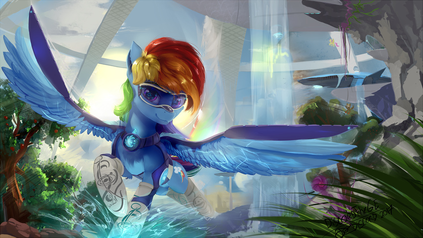 2017 blue_feathers cutie_mark day detailed_background discordthege equine eyewear feathered_wings feathers female feral friendship_is_magic goggles hair mammal multicolored_hair my_little_pony pegasus rainbow_dash_(mlp) rainbow_hair sky smile solo water wings