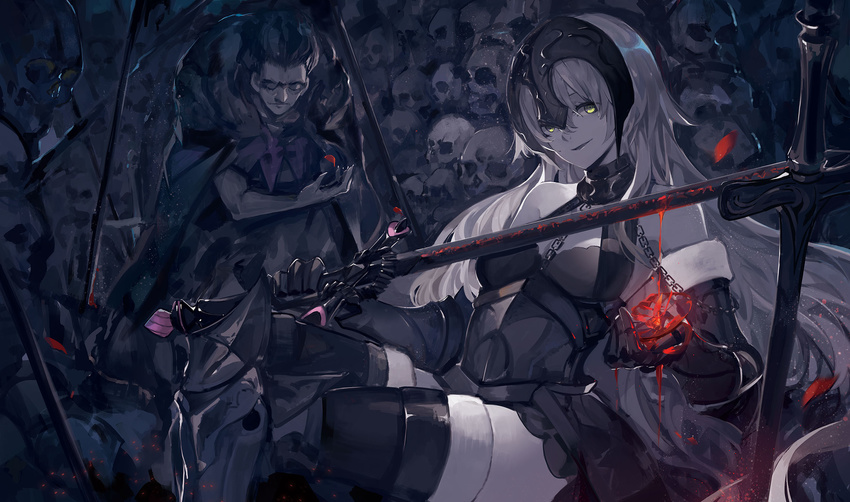 armor bangs black_legwear caster_(fate/zero) commentary_request contest_winner fate/grand_order fate/zero fate_(series) fur_trim gauntlets grey_hair headpiece highres holding holding_sword holding_weapon jeanne_d'arc_(alter)_(fate) jeanne_d'arc_(fate)_(all) looking_at_viewer parted_lips petals pixiv_fate/grand_order_contest_1 saberiii sitting skull smile solo_focus sword thighhighs weapon yellow_eyes