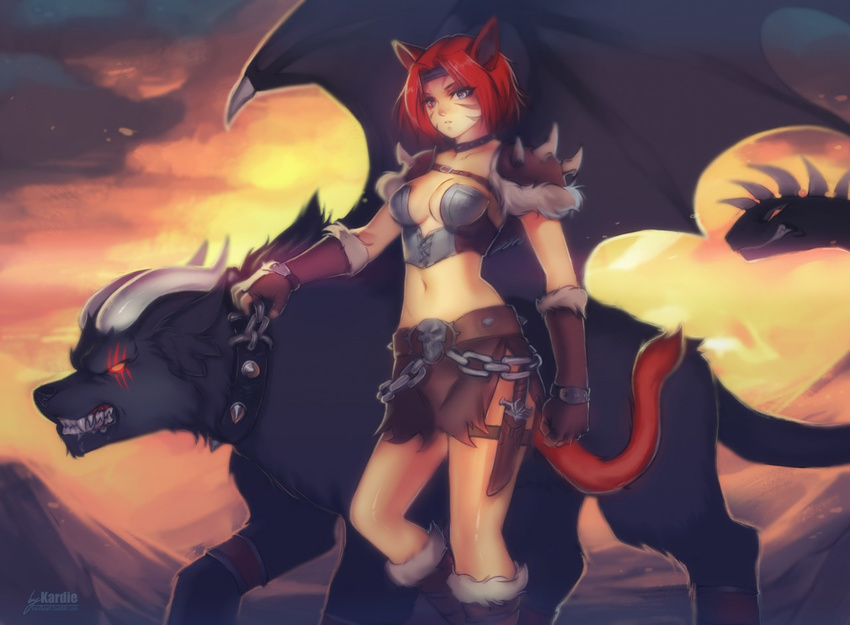 5_fingers animal_humanoid anthro armor cat_humanoid clothed clothing day detailed_background feline female feral hair humanoid kardie mammal outside red_hair standing teeth unknown_species