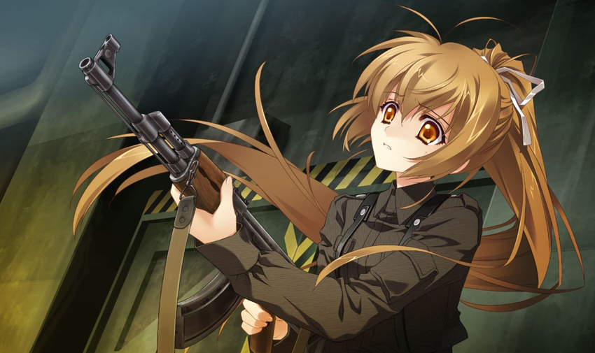 ak-47 antenna_hair assault_rifle brown_hair brown_shirt carnelian eyebrows_visible_through_hair game_cg gun hair_between_eyes hair_ribbon high_ponytail holding holding_gun holding_weapon indoors katia_waldheim long_hair military military_uniform muvluv official_art orange_eyes ribbon rifle schwarzesmarken shirt sling solo uniform upper_body very_long_hair weapon white_ribbon