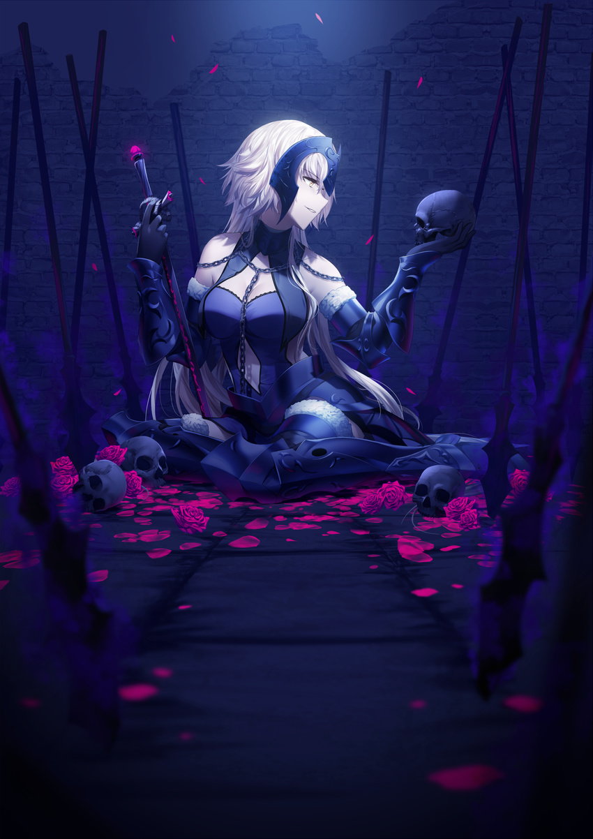 armor armored_boots bare_shoulders blonde_hair boots breasts chain cleavage dark elbow_gloves elbow_pads fate/grand_order fate_(series) faulds flower fur-trimmed_gloves fur-trimmed_legwear fur_trim gauntlets gloves glowing hand_on_hilt hand_on_sword headpiece highres holding_skull jeanne_d'arc_(alter)_(fate) jeanne_d'arc_(fate)_(all) large_breasts long_hair looking_to_the_side petals planted_sword planted_weapon profile rimuu rose rose_petals sitting skull smirk solo sword thighhighs tiles very_long_hair weapon yellow_eyes yokozuwari