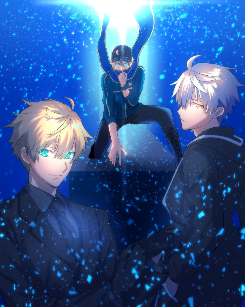 arthur_pendragon_(fate) artoria_pendragon_(all) baseball_cap blonde_hair blue_background blue_eyes blue_scarf commentary covered_mouth fate/grand_order fate/prototype fate/zero fate_(series) formal genderswap genderswap_(ftm) hat highres jacket looking_at_viewer looking_back male_focus multiple_boys mysterious_heroine_x rojiura_satsuki:_chapter_heroine_sanctuary saber_alter scarf seseragi_azuma simple_background suit sword track_jacket upper_body weapon white_hair yellow_eyes