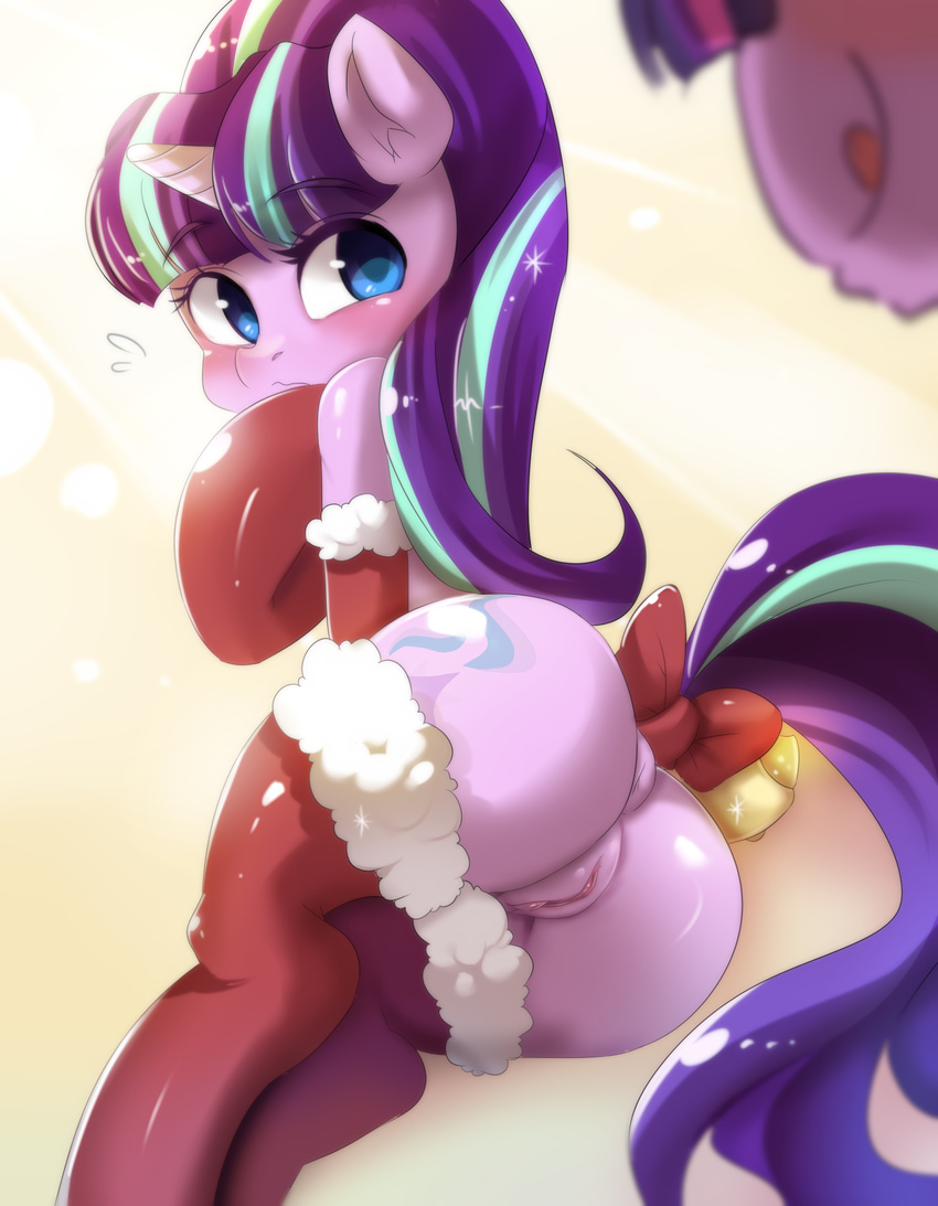2015 blue_eyes blush butt christmas clothed clothing cutie_mark duo equine female feral freedomthai friendship_is_magic fur hair hi_res holidays horn legwear licking licking_lips long_hair looking_back mammal multicolored_hair my_little_pony nervous pink_fur pussy ribbons simple_background solo_focus starlight_glimmer_(mlp) tail_bow tail_ribbon tongue tongue_out twilight_sparkle_(mlp) two_tone_hair unicorn