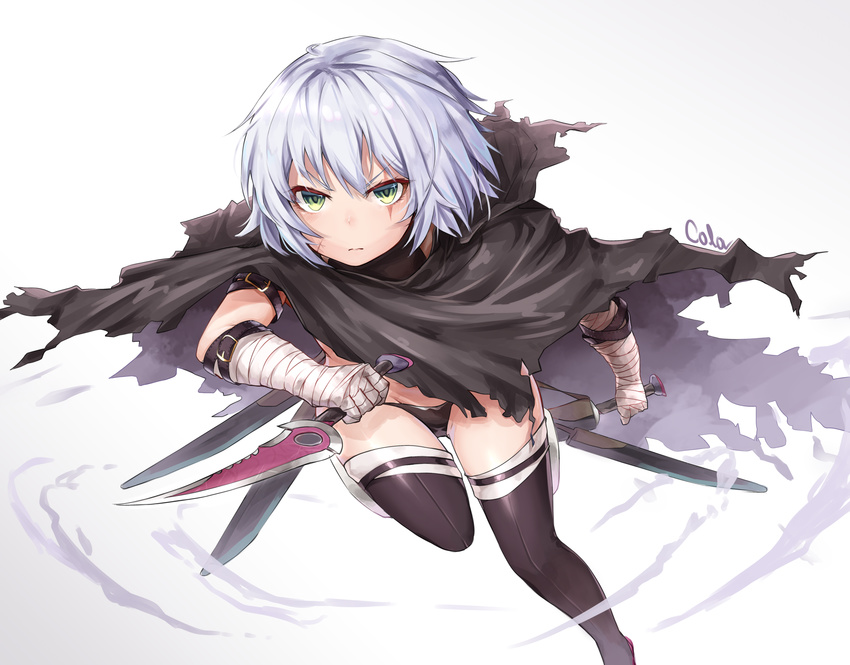 arm_belt bandaged_arm bandages bangs belt_buckle black_cloak black_cola black_legwear black_panties black_shirt buckle closed_mouth dual_wielding facial_scar fate/grand_order fate_(series) green_eyes highres holding holding_knife holding_weapon jack_the_ripper_(fate/apocrypha) knife leg_up looking_at_viewer lowleg lowleg_panties panties reverse_grip running scabbard scar scar_across_eye scar_on_cheek serious sheath shiny shiny_clothes shiny_hair shirt short_hair signature silver_hair simple_background solo thighhighs torn_cloak torn_clothes underwear unsheathing weapon white_background