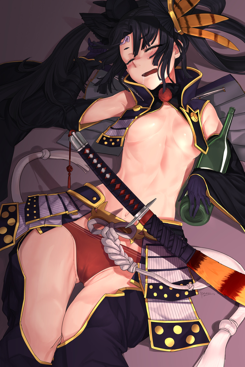 armor bangs black_hair bottle breasts closed_eyes commentary drooling fate/grand_order fate_(series) gloves hand_up highres holding holding_bottle i-pan japanese_armor katana kusazuri long_hair open_mouth panties parted_bangs purple_gloves red_panties revealing_clothes sake_bottle sheath sheathed sidelocks sleeping small_breasts solo sword thighs underwear ushiwakamaru_(fate/grand_order) weapon