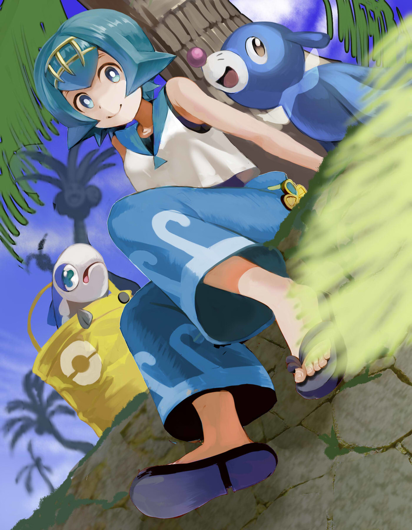 alolan_exeggutor alolan_form arm_support bare_shoulders blue_eyes blue_hair blue_sailor_collar blue_sky bucket capri_pants closed_mouth cloud day flat_chest from_below full_body gen_7_pokemon grass hairband highres looking_at_viewer open_eyes palm_tree pants pavement poke_ball_symbol pokemon pokemon_(creature) pokemon_(game) pokemon_sm popplio sailor_collar sandals shirt short_hair sitting sky sleeveless slippers smile solo suiren_(pokemon) swimsuit swimsuit_under_clothes tree trial_captain wishiwashi yu_(mekeneko1998)