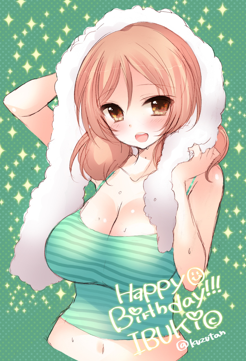 :d bare_arms bare_shoulders blush breasts brown_eyes brown_hair camisole cleavage collarbone commentary_request green_background hair_between_eyes happy_birthday highres idolmaster idolmaster_cinderella_girls komatsu_ibuki large_breasts looking_at_viewer navel open_mouth pocopoco polka_dot polka_dot_background smile solo sparkle_background sweat towel twitter_username upper_body wiping_sweat