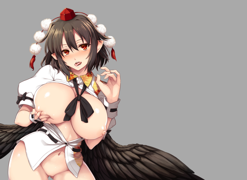 bangs black_bow black_hair black_neckwear black_wings blush bottomless bow breasts contrapposto cowboy_shot dress_shirt feathered_wings gluteal_fold grey_background hat head large_breasts looking_at_viewer navel nipples ouma_tokiichi pointy_ears pom_pom_(clothes) puffy_short_sleeves puffy_sleeves red_eyes self_fondle shameimaru_aya shirt short_sleeves simple_background solo tokin_hat tongue tongue_out touhou white_shirt wing_collar wings wrist_cuffs
