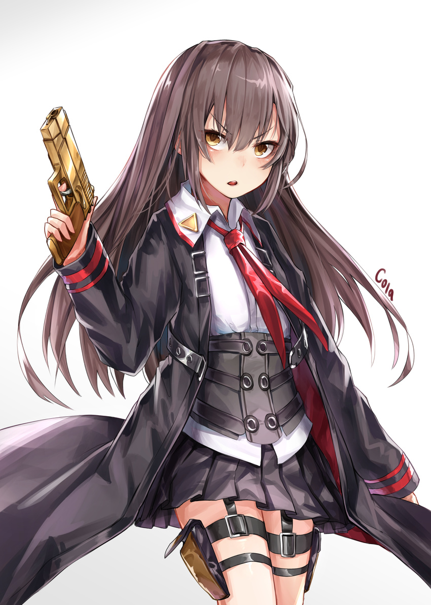 bangs black_coat black_cola black_skirt brown_eyes brown_hair buckle coat collared_shirt corset cowboy_shot eyebrows_visible_through_hair finger_on_trigger girls_frontline gun hair_between_eyes handgun highres holding holding_gun holding_weapon holster legs_together long_hair long_sleeves looking_away looking_up necktie nz_75 nz_75_(girls_frontline) open_clothes open_coat open_mouth pistol pleated_skirt red_neckwear serious shirt signature simple_background skirt solo standing thigh_holster trench_coat unbuckled weapon white_background white_shirt wing_collar