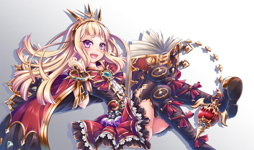 :d ass bangs black_cape black_footwear black_legwear black_shirt blonde_hair blunt_bangs book boots bow bracelet brooch buckle cagliostro_(granblue_fantasy) cape clenched_hand collarbone crossed_legs frilled_skirt frills gem gradient gradient_background granblue_fantasy grey_background hand_up holster jewelry knee_boots liquid long_hair looking_at_viewer looking_to_the_side miyabi_urumi multicolored multicolored_cape multicolored_clothes open_book open_mouth pages purple_eyes red_bow red_cape red_ribbon ribbon shadow shirt skirt sleeveless sleeveless_shirt smile solo spiked_bracelet spikes straight_hair thighhighs tiara vambraces vial white_background wind