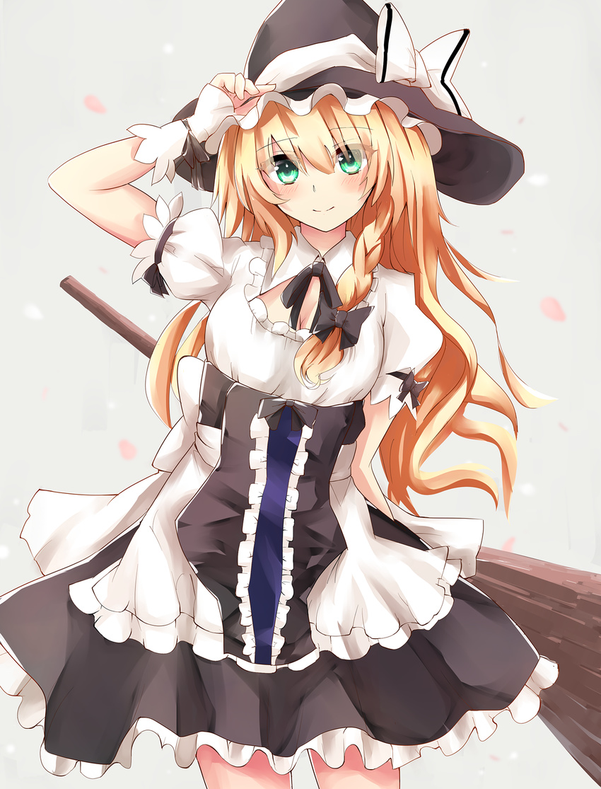 apron blouse blush bow braid breasts broom cleavage contrapposto curiosities_of_lotus_asia detached_collar dress fingerless_gloves gloves green_eyes hand_on_headwear hat hat_bow head_tilt highres kirisame_marisa long_hair looking_at_viewer medium_breasts side_braid single_braid smile solo standing strapless strapless_dress touhou underbust very_long_hair waist_apron wavy_hair white_bow white_gloves witch_hat yuki_(snowmaiden)