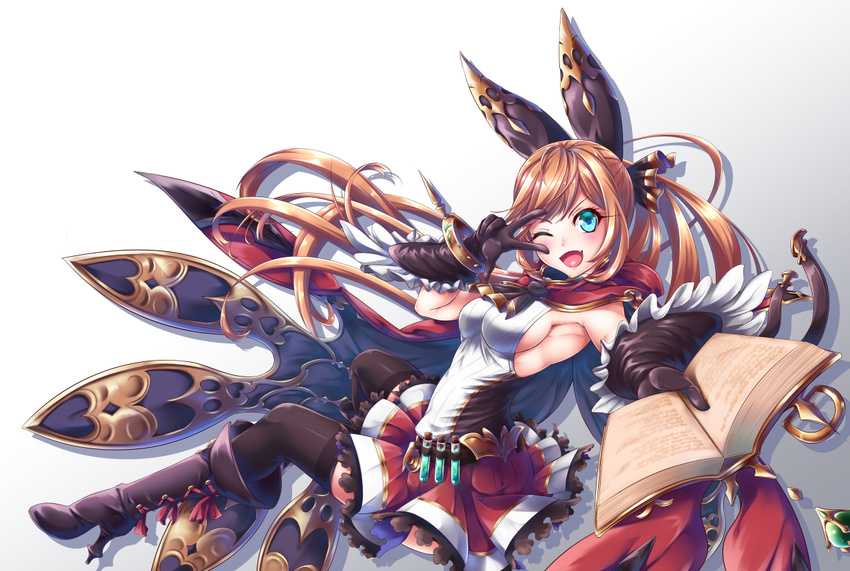 ;d aqua_eyes armpits ascot bangle bangs black_bow black_footwear black_gloves black_legwear black_neckwear book boots bow bracelet breasts cape clarisse_(granblue_fantasy) cross-laced_footwear fang foreshortening frilled_gloves frilled_skirt frills full_body gem gloves gradient gradient_background granblue_fantasy grey_background hair_bow hand_up high_heel_boots high_heels holding holding_book holster jewelry knee_boots lace-up_boots long_hair looking_at_viewer looking_to_the_side medium_breasts miyabi_urumi one_eye_closed open_book open_mouth orange_hair outstretched_arm ponytail red_cape red_skirt shadow shirt sideboob skirt sleeveless sleeveless_shirt smile solo striped striped_shirt swept_bangs test_tube thighhighs v-shaped_eyebrows v_over_eye w white_background white_shirt