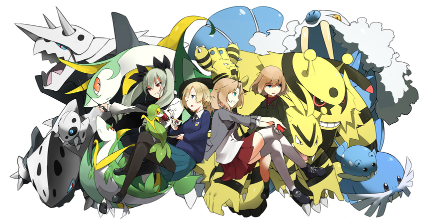 aggron anchovy anzio_school_uniform aron bangs black_cape black_footwear black_legwear black_neckwear black_ribbon black_skirt blazer blonde_hair blouse blue_eyes blue_footwear blue_skirt blue_sweater braid cape cup darjeeling dress_shirt drill_hair electabuzz electivire elekid emblem gen_1_pokemon gen_2_pokemon gen_3_pokemon gen_4_pokemon gen_5_pokemon girls_und_panzer green_hair green_jacket grey_jacket grin hair_intakes hair_ribbon highres holding jacket katyusha kay_(girls_und_panzer) lairon loafers long_hair long_sleeves looking_at_another miniskirt multiple_girls necktie one_eye_closed open_clothes open_jacket orihika pantyhose parted_lips pleated_skirt poke_ball pokemon pokemon_(creature) pravda_school_uniform red_eyes red_shirt red_skirt ribbon riding_crop saucer saunders_school_uniform school_uniform sealeo serperior servine shirt shoes short_hair simple_background sitting skirt sleeves_rolled_up smile sneakers snivy spheal st._gloriana's_school_uniform standing sweater teacup thighhighs tied_hair turtleneck twin_braids twin_drills twintails v-neck walrein white_background white_blouse white_legwear white_shirt