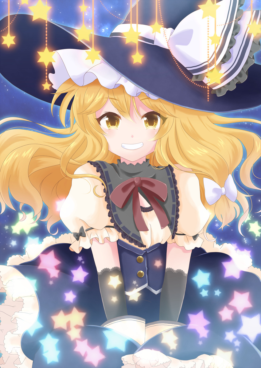 black_gloves blonde_hair blush commentary_request cover cover_page elbow_gloves embellished_costume gloves grin hair_ribbon hat highres kirisame_marisa layered_clothing long_hair looking_at_viewer nonoko_(capsule-nnk) puffy_short_sleeves puffy_sleeves ribbon short_sleeves skirt smile solo star touhou tress_ribbon underbust vest wavy_hair white_gloves witch_hat yellow_eyes