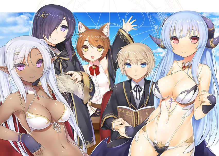 47agdragon 4girls :&gt; :d animal_ears arm_up bangs blonde_hair blue_gloves blue_hair blue_sky blush book breasts brown_hair capelet cleavage cloak closed_mouth cloud cloudy_sky commentary_request dark_skin day demon_girl eyebrows_visible_through_hair fantasy fingerless_gloves gloves hair_over_one_eye halter_top halterneck hand_up holding horns key_hair_ornament long_hair looking_at_viewer magic_circle medium_breasts multiple_girls navel open_book open_mouth original parted_lips pointy_ears purple_eyes purple_hair red_eyes revealing_clothes short_hair silver_hair sitting sky smile sweatdrop twintails waving yellow_eyes