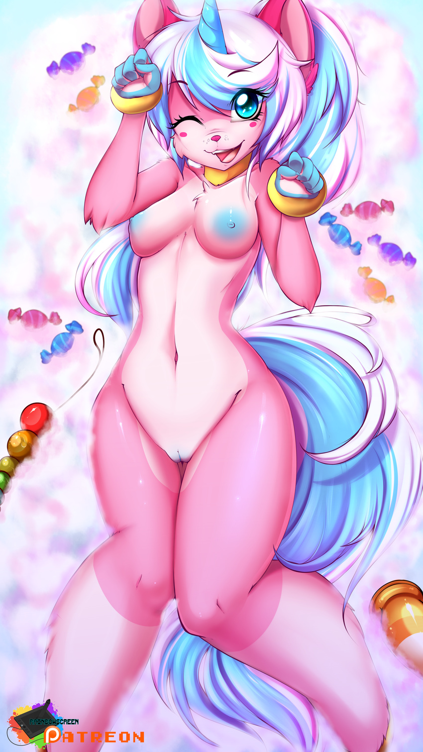 2016 anthro areola blue_eyes blue_hair breasts candy cute edit equine feline female food hair hi_res horn hybrid lego long_hair looking_at_viewer mammal multicolored_hair multicolored_tail navel nipples nude nude_edit one_eye_closed open_mouth patreon pussy rainbowscreen solo the_lego_movie two_tone_hair unikitty white_hair wink