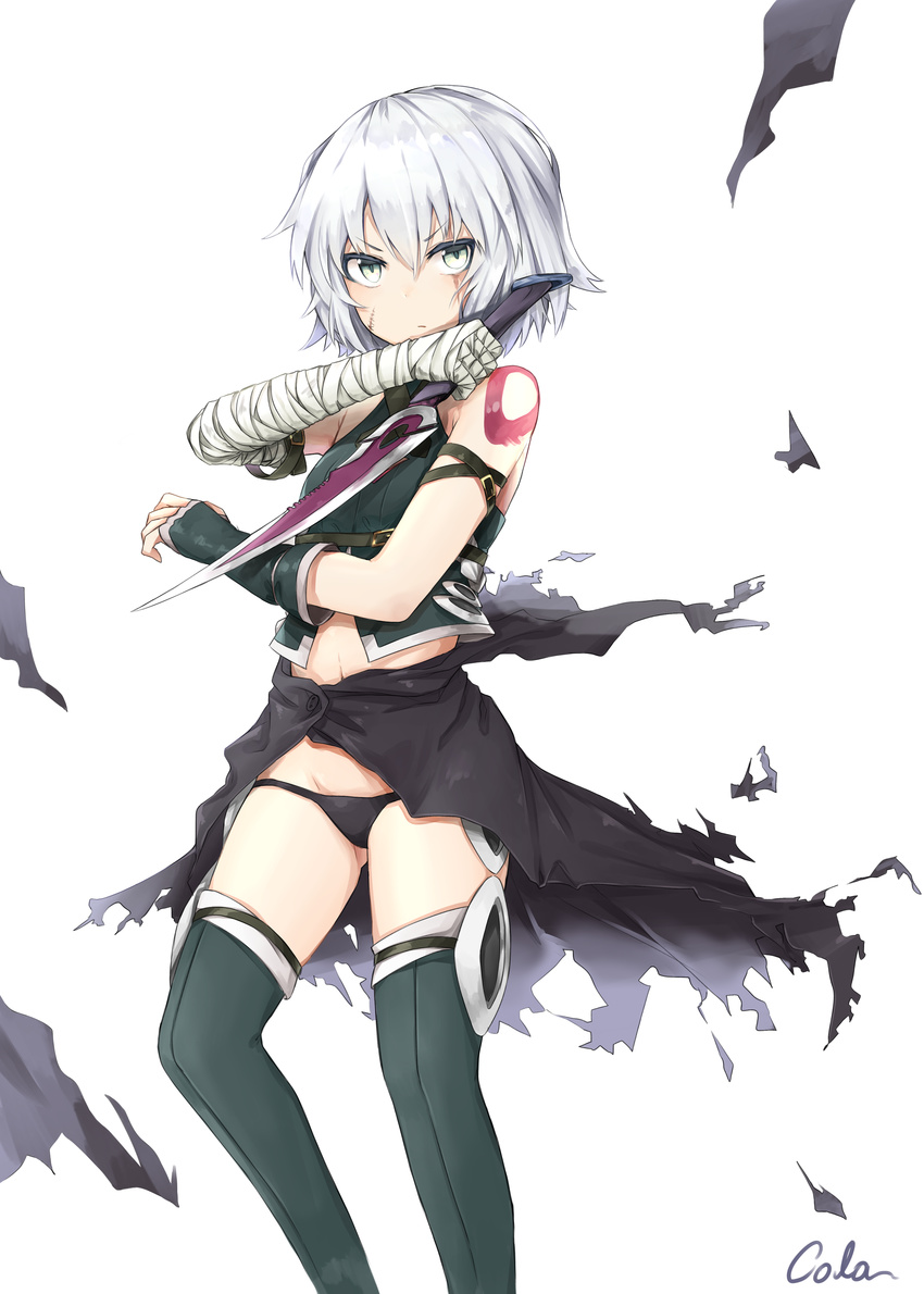 absurdres arm_belt bandaged_arm bandages bangs bare_shoulders belt_buckle black_cloak black_cola black_gloves black_legwear black_panties black_shirt buckle closed_mouth commentary_request dagger eyebrows_visible_through_hair facial_scar fate/grand_order fate_(series) fingerless_gloves gloves green_eyes hair_between_eyes halter_top halterneck hand_up highres holding holding_knife holding_weapon jack_the_ripper_(fate/apocrypha) knife looking_at_viewer lowleg lowleg_panties navel panties reverse_grip scar scar_across_eye scar_on_cheek serious shirt short_hair signature silver_hair simple_background single_glove sleeveless sleeveless_shirt solo standing tattoo thighhighs torn_cloak torn_clothes underwear weapon white_background