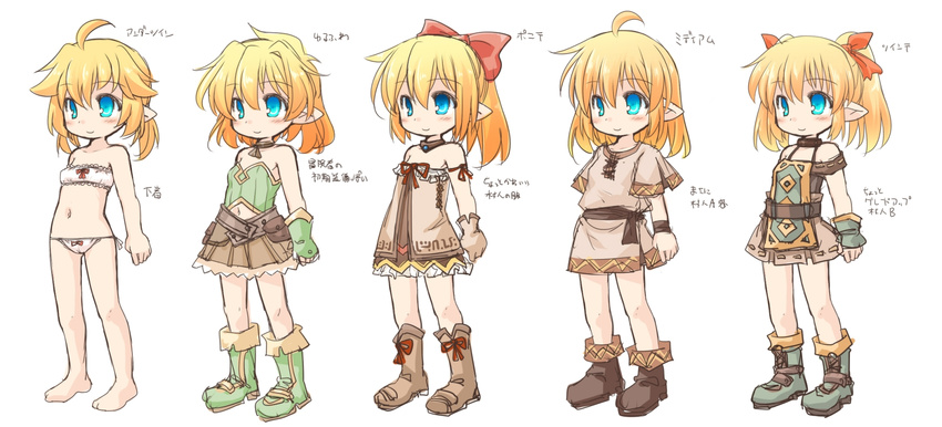 ahoge bare_shoulders blonde_hair blue_eyes boots bow chibi choker dress elf full_body gloves hair_bow hair_ribbon highres kso long_hair looking_at_viewer low_twintails multiple_views navel original partially_translated pointy_ears pouch ribbon sash simple_background sketch skirt sleeveless smile translation_request tunic twintails underwear underwear_only variations white_background
