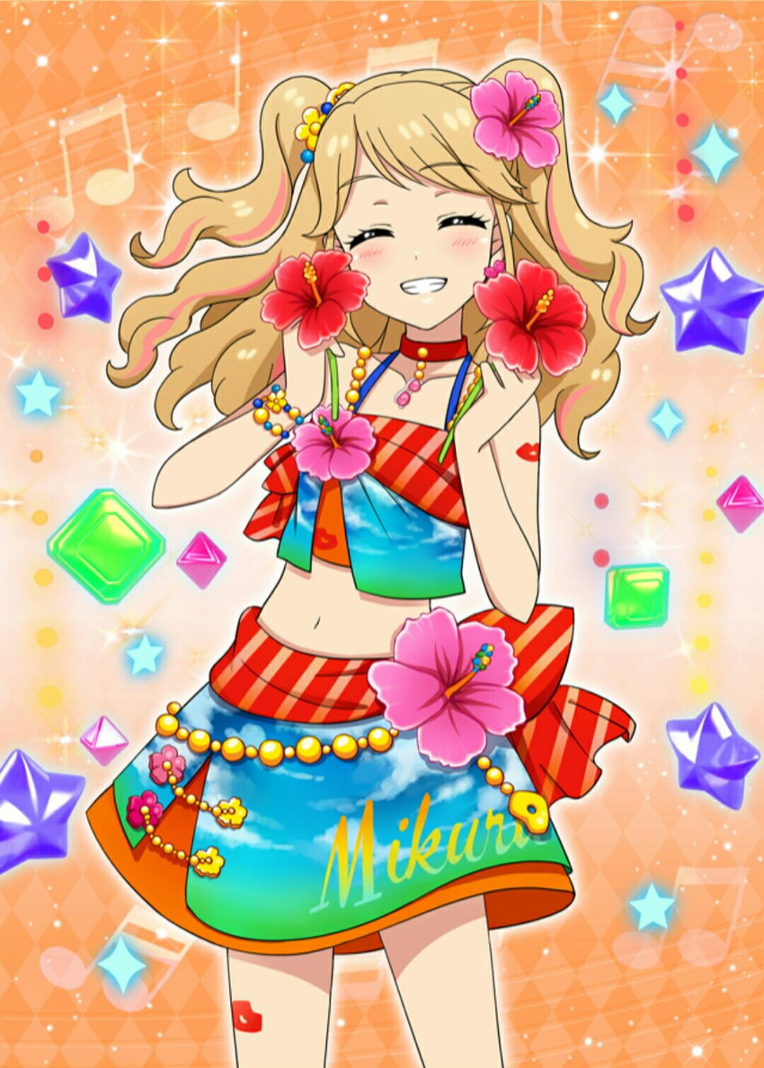 aikatsu! aikatsu!_(series) aikatsu!_photo_on_stage!! beads beamed_eighth_notes beamed_sixteenth_notes blonde_hair blush bow bracelet character_name closed_eyes eighth_note flower gem hair_flower hair_ornament hibiscus highlights highres jewelry midriff multicolored_hair musical_note natsuki_mikuru quarter_note ribbon sleeveless smile staff_(music) tail two_side_up