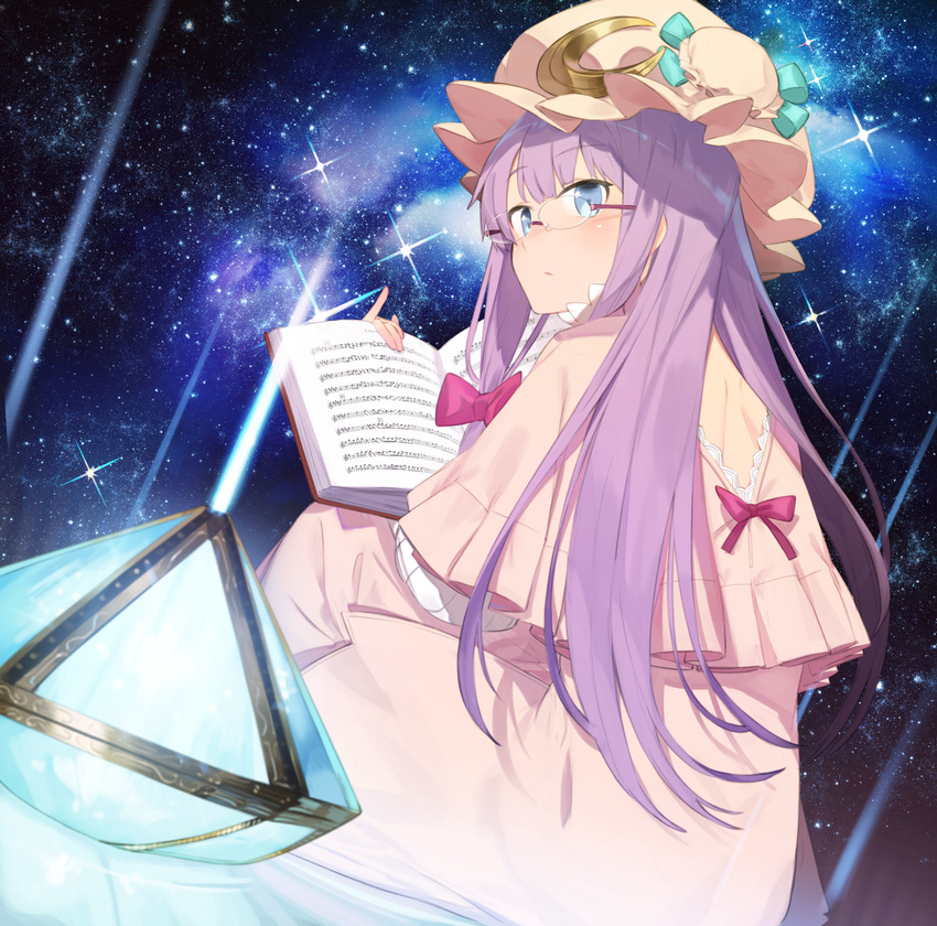 absurdres backless_dress backless_outfit bad_source beamed_eighth_notes bespectacled blue_eyes book bow bun_cover dress eighth_note frills glasses half_note hat hayashi_kewi highres light long_hair looking_at_viewer looking_back mob_cap moire musical_note nightgown open_book patchouli_knowledge pink-framed_eyewear pink_dress pink_hat pinky_out purple_hair quarter_note quarter_rest ribbon rimless_eyewear sharp_sign sheet_music solo space staff_(music) star_(sky) time_signature touhou treble_clef