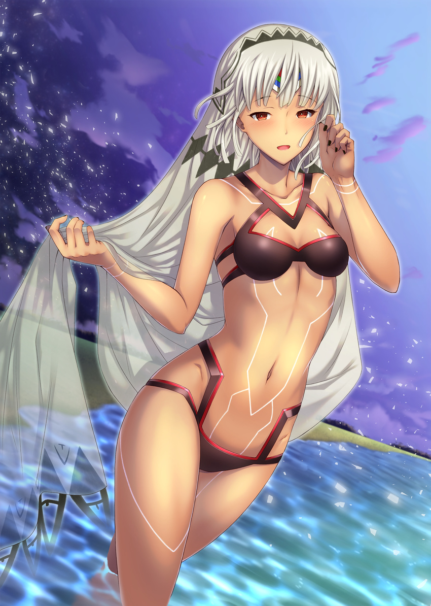 :d altera_(fate) bangs bare_arms bare_shoulders beach bikini black_bikini black_nails breasts cloud cloudy_sky collarbone crossed_legs dark_skin dutch_angle emanon123 eyebrows_visible_through_hair eyelashes fate/grand_order fate_(series) fingernails halter_top halterneck highres holding light_particles looking_at_viewer nail_polish navel night night_sky ocean open_mouth outdoors red_eyes see-through short_hair silver_hair skindentation sky small_breasts smile solo stomach swimsuit tattoo veil wading white_hair