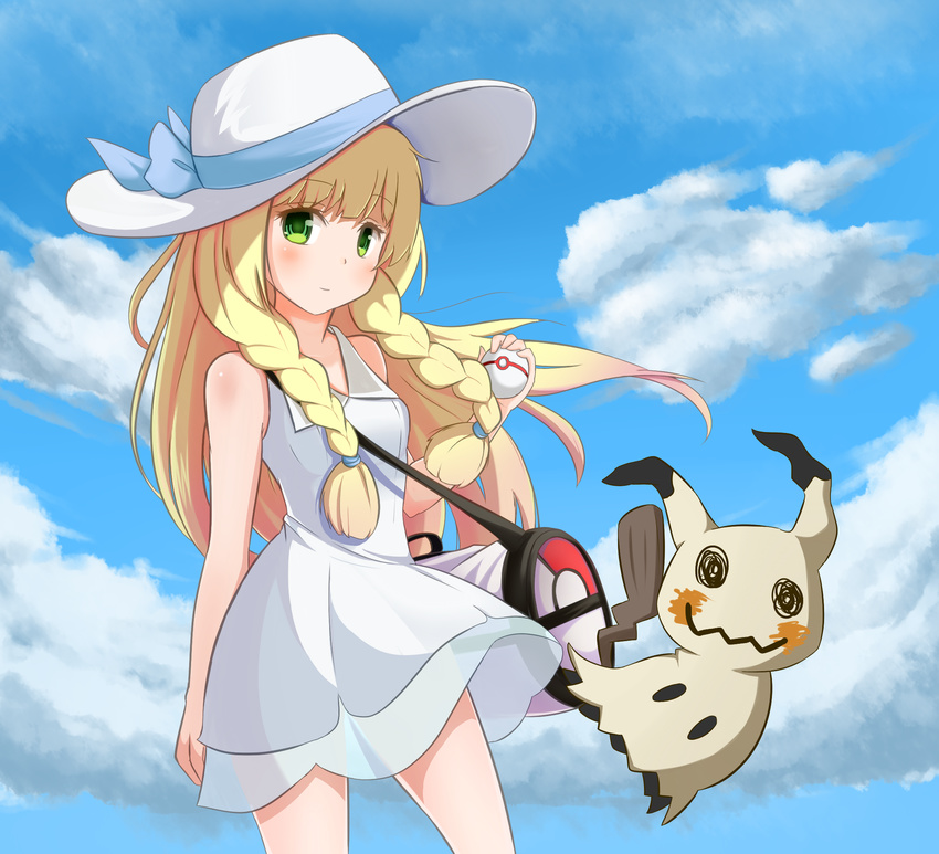 bangs bare_shoulders blonde_hair blue_ribbon blue_sky blunt_bangs blush braid breasts closed_mouth cloud collared_dress cowboy_shot d_z day dress dress_lift eyebrows_visible_through_hair gen_7_pokemon green_eyes hair_tie hat hat_ribbon highres holding holding_poke_ball lillie_(pokemon) long_hair looking_at_viewer mimikyu outdoors poke_ball pokemon pokemon_(creature) pokemon_(game) pokemon_sm premier_ball ribbon see-through sky sleeveless sleeveless_dress small_breasts standing sun_hat sundress twin_braids very_long_hair white_dress white_hat wind wind_lift