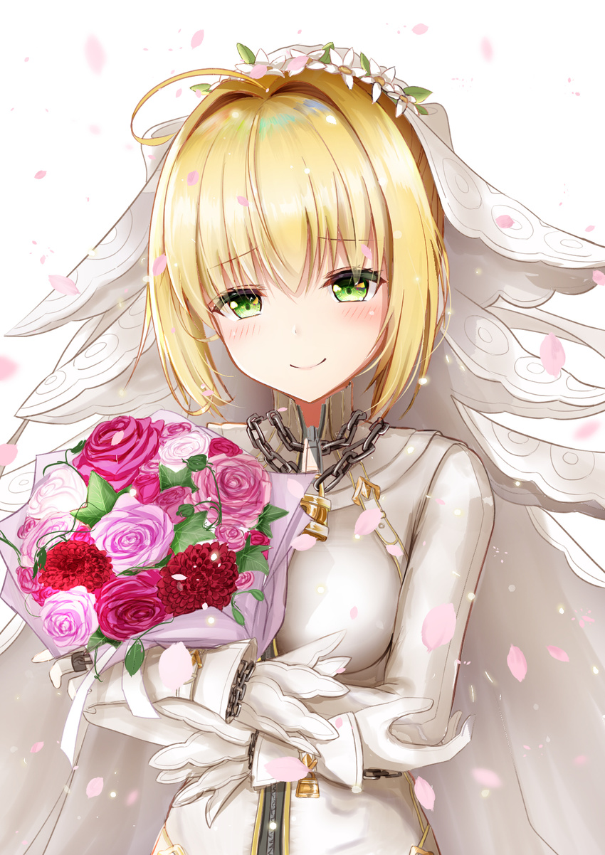 ahoge bangs blonde_hair blush bodysuit bouquet breasts bridal_veil buckle chain closed_mouth commentary_request eyebrows_visible_through_hair fate/extra fate/extra_ccc fate_(series) flower green_eyes hair_flower hair_intakes hair_ornament half-closed_eyes head_tilt highres holding holding_bouquet karu_(qqqtyann) lock long_sleeves looking_at_viewer medium_breasts nero_claudius_(bride)_(fate) nero_claudius_(fate)_(all) object_hug padlock petals pink_flower pink_rose red_flower red_rose rose shiny shiny_hair short_hair simple_background smile solo upper_body veil white_background white_bodysuit white_flower zipper zipper_pull_tab