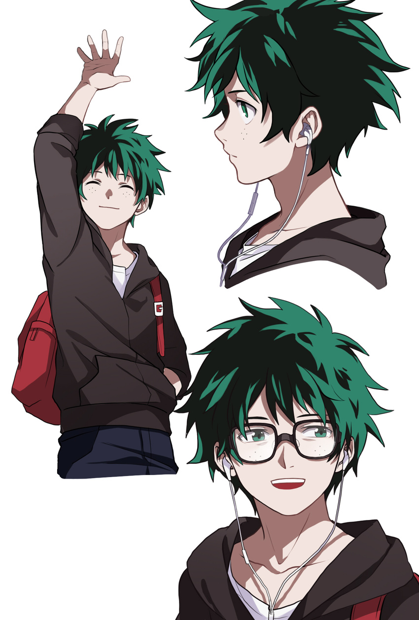 :d ^_^ alternate_costume bag boku_no_hero_academia casual closed_eyes collarbone earphones freckles from_side glasses green_eyes highres long_sleeves looking_at_viewer male_focus midoriya_izuku multiple_views open_mouth pants shi_er_xian shirt simple_background smile waving white_background white_shirt