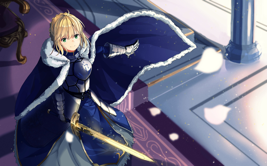 ahoge armor armored_dress artoria_pendragon_(all) bangs blonde_hair blue_cloak blue_dress blurry blurry_background breastplate carpet chair cloak closed_mouth commentary day depth_of_field dress excalibur falling_petals fate/stay_night fate_(series) faulds from_above fur-trimmed_cloak fur_trim gauntlets glowing glowing_sword glowing_weapon green_eyes hair_between_eyes highres holding holding_sword holding_weapon indoors light_particles light_smile long_dress long_sleeves looking_at_viewer looking_up outstretched_arm petals pillar saber saka_(akurisoh) short_hair solo stairs standing sunlight sword throne throne_room weapon wind