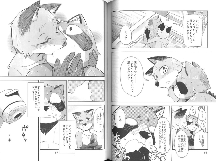 anthro bath blush canine comic dialogue duo eyes_closed fox fur harubon_10 harusuke japanese_text kemono kissing male male/male mammal nude open_mouth red_panda smile tatsuya_(harusuke) text wet yoshikazu young