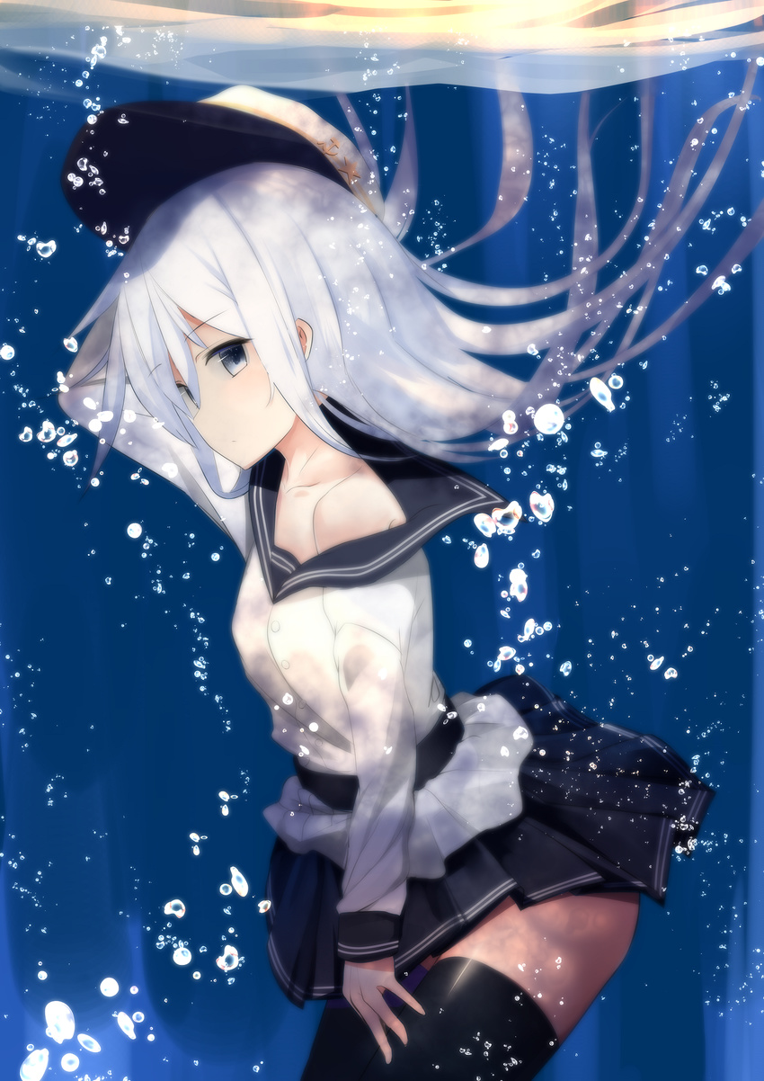 air_bubble arm_up bangs belt black_belt black_legwear black_skirt bubble closed_mouth collarbone cowboy_shot day expressionless eyebrows_visible_through_hair flat_cap floating_hair from_side grey_eyes hammer_and_sickle hat hibiki_(kantai_collection) highres kantai_collection long_hair long_sleeves looking_at_viewer looking_to_the_side odeclea off_shoulder outdoors pleated_skirt school_uniform serafuku sideways_glance silver_hair skirt skirt_tug solo star submerged sunlight thighhighs underwater verniy_(kantai_collection) white_hat