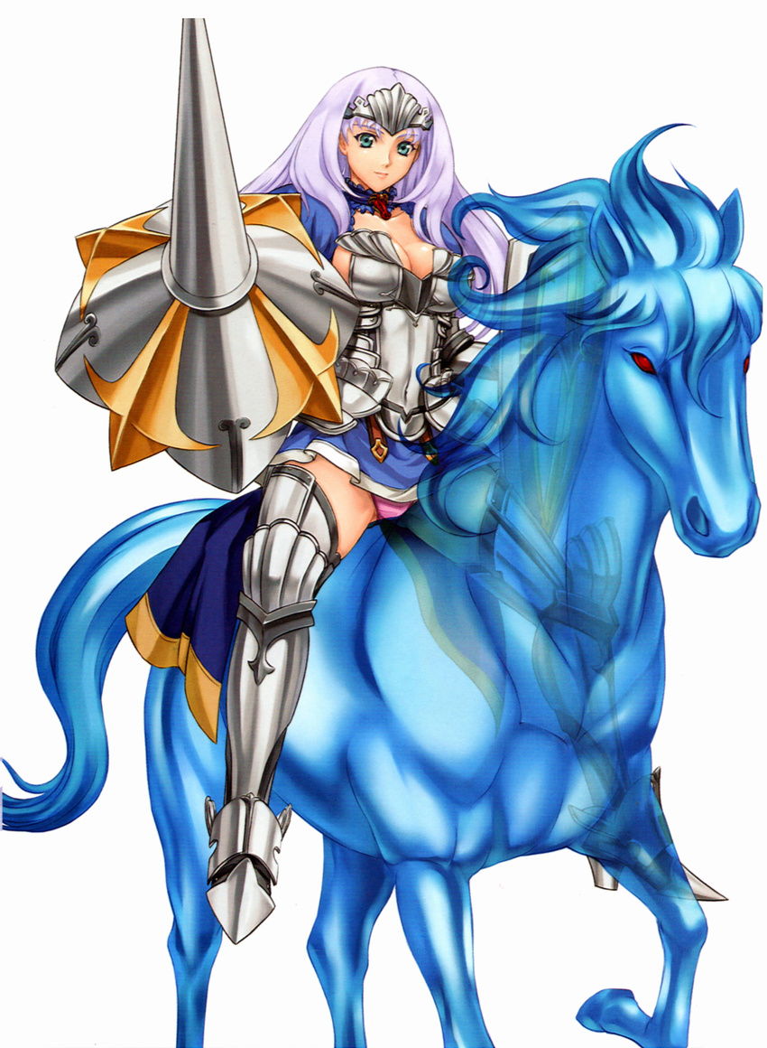 1girl annelotte armor armored_dress blue_eyes boots breasts cape choker cleavage contrapposto eiwa forehead_protector full_body gauntlets greaves horse large_breasts legs long_hair lost_worlds purple_hair queen's_blade queen's_blade_rebellion skirt solo weapon
