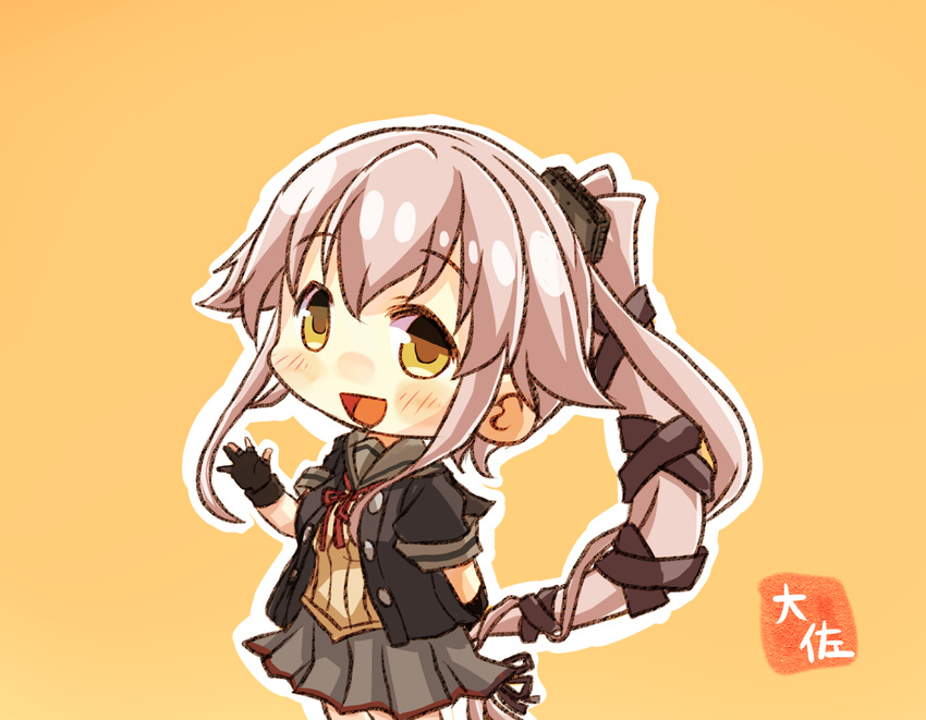 :d artist_name black_gloves chibi commentary_request gloves grey_sailor_collar grey_skirt hair_between_eyes highres kantai_collection long_hair open_mouth orange_background partly_fingerless_gloves pink_hair pleated_skirt ponytail remodel_(kantai_collection) sailor_collar short_sleeves simple_background skirt smile solo taisa_(kari) very_long_hair yellow_eyes yura_(kantai_collection)