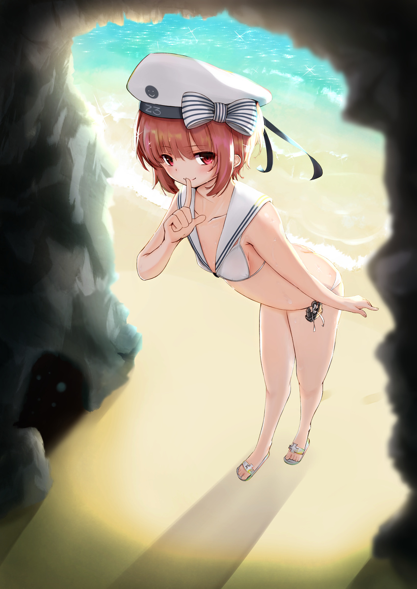 beach beret bikini bow breasts clothes_writing day eyebrows_visible_through_hair finger_to_mouth full_body hat highres index_finger_raised kamome_donburi kantai_collection red_hair sailor_bikini sailor_collar sailor_hat sand sandals short_hair small_breasts smile solo standing striped striped_bow swimsuit white_bikini white_hat z3_max_schultz_(kantai_collection)
