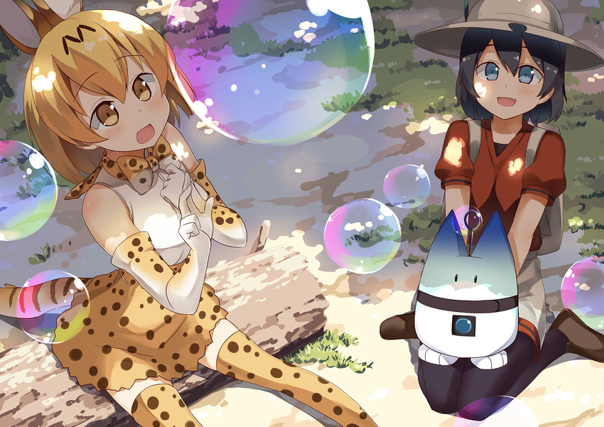 animal_ears backpack bag black_hair black_legwear blue_eyes blush bow bowtie brown_eyes bubble eyebrows_visible_through_hair feathers hat helmet highres kaban_(kemono_friends) kemono_friends looking_away lucky_beast_(kemono_friends) multiple_girls open_mouth orange_bow orange_hair orange_legwear orange_neckwear pantyhose pith_helmet red_shirt serval_(kemono_friends) serval_ears serval_print serval_tail shirt short_hair sitting smile subaru_(794829485) tail thighhighs white_bow white_neckwear