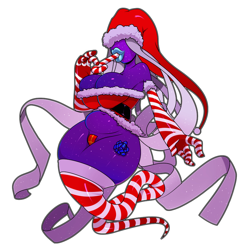 2016 alpha_channel big_breasts breasts candy candy_cane christmas cleavage clothed clothing female food hi_res holidays huge_breasts humanoid navel not_furry shadow_queen shadow_siren simple_background slightly_chubby solo theboogie