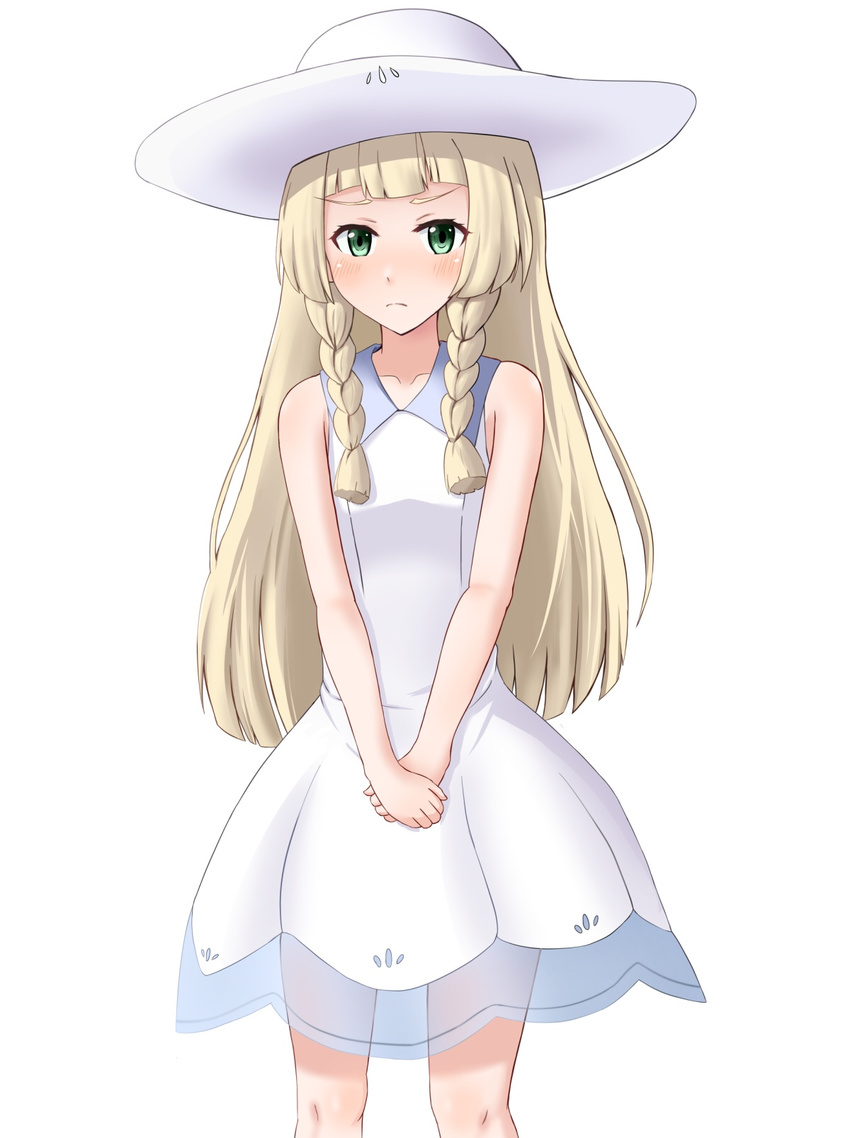&gt;:( akur_kaff bangs bare_shoulders blonde_hair blunt_bangs blush braid breasts closed_mouth collarbone collared_dress cowboy_shot dress frown green_eyes hands_together hat highres lillie_(pokemon) long_hair looking_at_viewer pokemon pokemon_(game) pokemon_sm see-through simple_background sleeveless sleeveless_dress small_breasts solo standing sun_hat sundress twin_braids v-shaped_eyebrows white_background white_dress white_hat