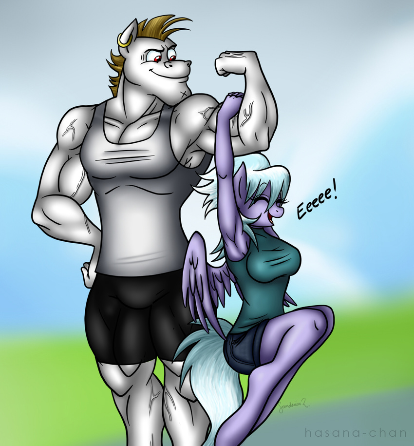 2013 anthro anthrofied blonde_hair blue_hair breasts bulk_biceps_(mlp) clothing cloud_chaser_(mlp) duo equine eyes_closed feathered_wings feathers female friendship_is_magic gold_(metal) grass hair hasana-chan hi_res horse larger_male male mammal muscular my_little_pony outside pegasus piercing pony purple_feathers red_eyes romantic_couple shirt shorts size_difference sky smaller_female tank_top vein wings