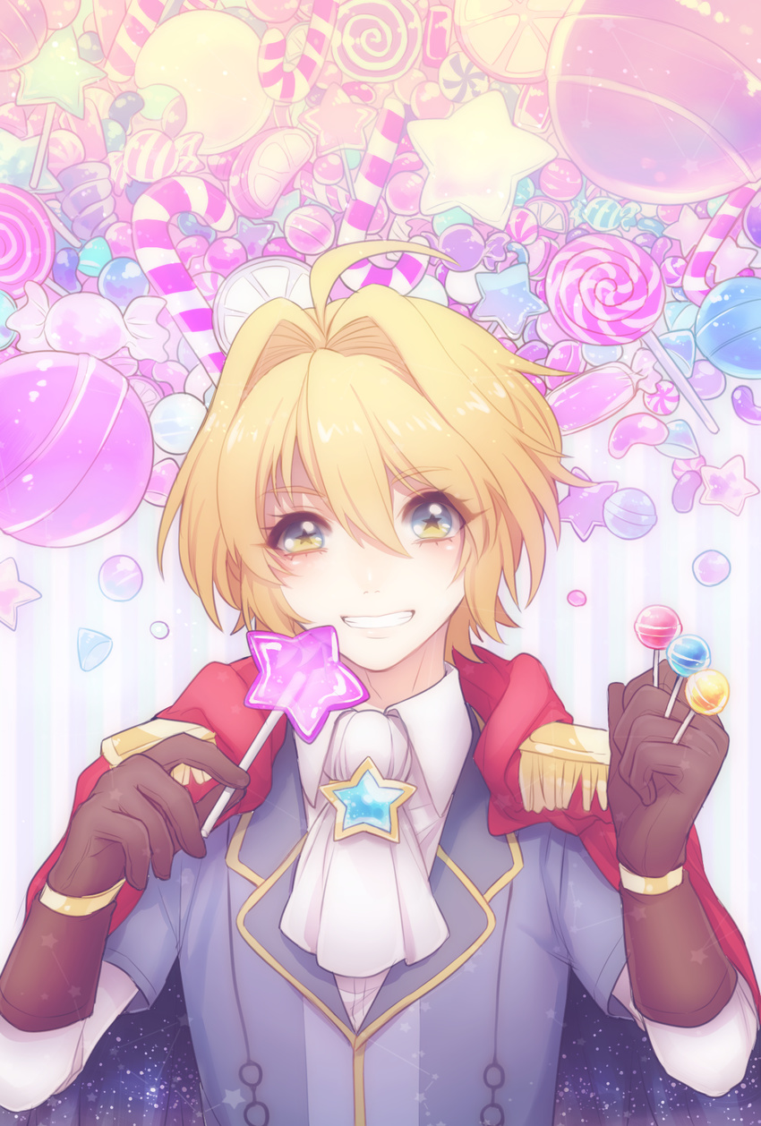 ahoge blonde_hair blue_eyes blush brown_gloves candy candy_cane eyebrows_visible_through_hair food gloves highres holding_lollipop kiritani846 looking_at_viewer original parted_lips short_hair smile solo star star-shaped_pupils symbol-shaped_pupils teeth