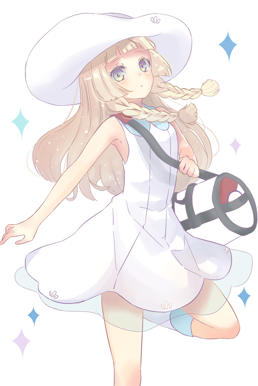 armpits bag bangs blonde_hair blunt_bangs braid breasts closed_mouth collared_dress dress duffel_bag green_eyes hair_tie hat highres kneehighs kokiri_miki lillie_(pokemon) long_hair looking_at_viewer poke_ball_theme pokemon pokemon_(game) pokemon_sm see-through sleeveless sleeveless_dress small_breasts solo sparkle standing standing_on_one_leg sun_hat sundress twin_braids white_background white_dress white_hat white_legwear