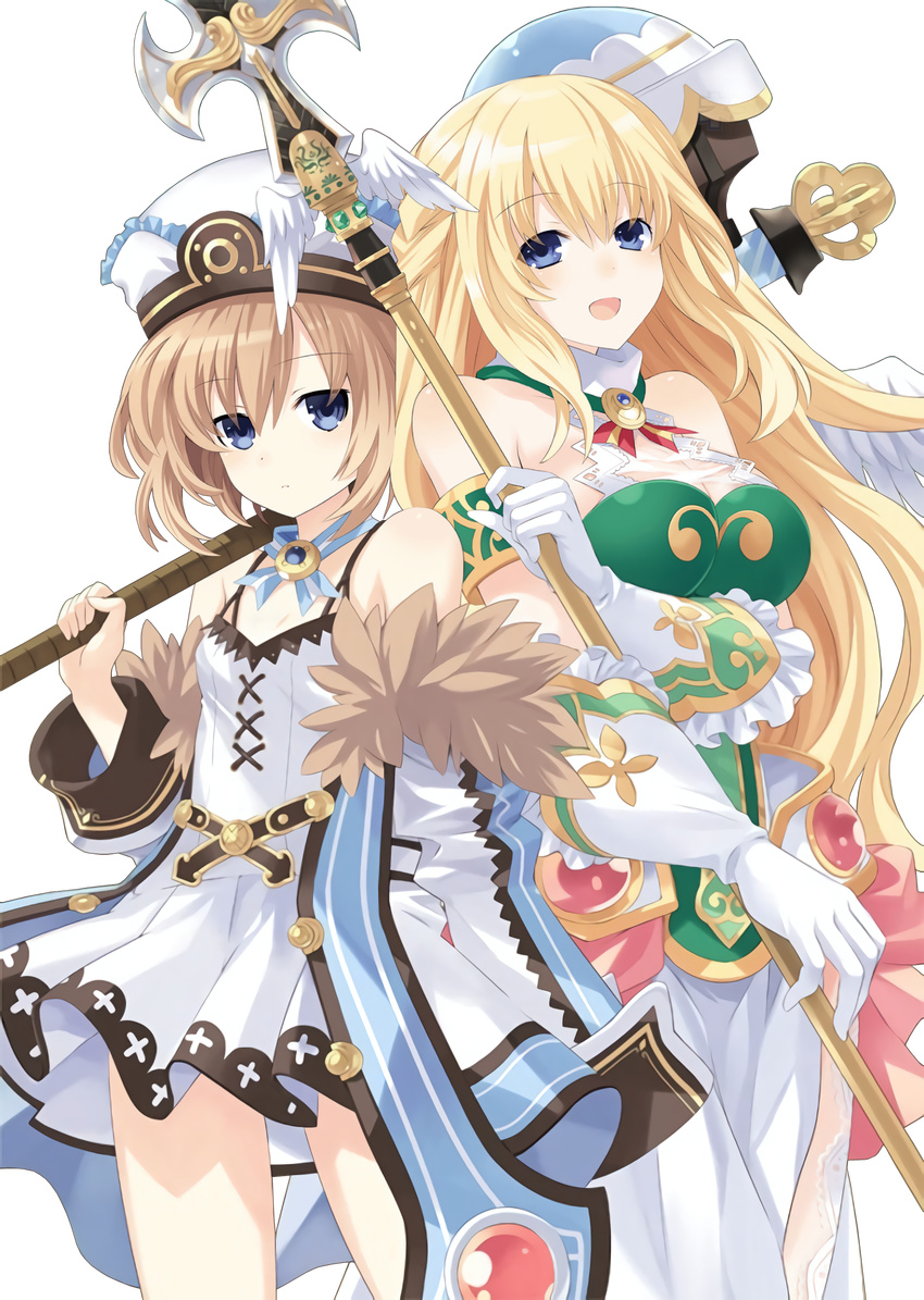 absurdres bare_shoulders blanc blonde_hair blue_eyes breasts brown_hair cleavage cover fur_trim hammer hat highres large_breasts long_hair looking_at_viewer multiple_girls neptune_(series) official_art open_mouth polearm short_hair smile spear transparent_background tsunako vert weapon