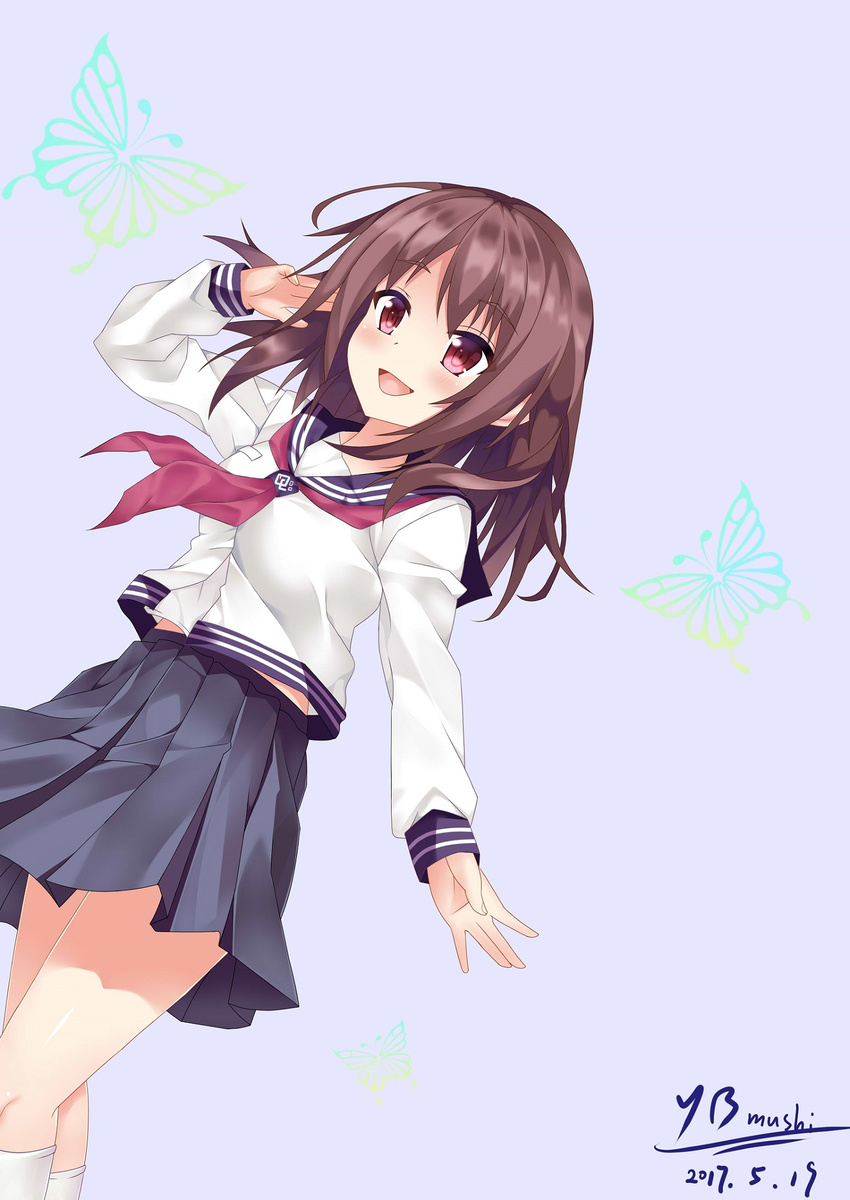 :d artist_name bad_id bad_pixiv_id bangs blue_background blue_skirt blush brown_hair bug butterfly commentary_request cowboy_shot dated dutch_angle eyebrows_visible_through_hair hand_up highres insect kneehighs long_sleeves neckerchief open_mouth original pink_eyes pleated_skirt school_uniform serafuku skirt smile solo white_legwear yb_mushi