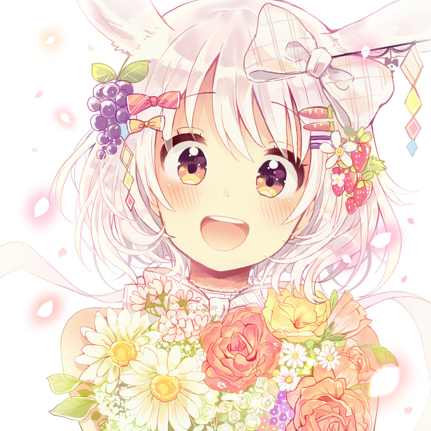:d absurdres animal_ears bare_shoulders bouquet bow brown_eyes flower food fruit grapes hair_bow hair_ornament hairclip head_tilt highres looking_at_viewer open_mouth original sakura_oriko short_hair sketch smile solo strawberry upper_body white_background white_hair
