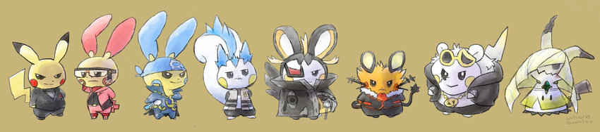 absurdres akagi_(pokemon) akagi_(pokemon)_(cosplay) aogiri_(pokemon) aogiri_(pokemon)_(cosplay) cosplay dedenne emolga everyone fleur-de-lis_(pokemon) fleur-de-lis_(pokemon)_(cosplay) geechisu_(pokemon) geechisu_(pokemon)_(cosplay) gen_1_pokemon gen_3_pokemon gen_4_pokemon gen_5_pokemon gen_6_pokemon gen_7_pokemon guzma_(pokemon) guzma_(pokemon)_(cosplay) highres lineup long_image lumaru91010 lusamine_(pokemon) lusamine_(pokemon)_(cosplay) male_focus matsubusa_(pokemon) matsubusa_(pokemon)_(cosplay) mimikyu minun nintendo no_humans pachirisu pikachu plusle pokemon pokemon_(creature) pokemon_(game) pokemon_oras sakaki_(pokemon) sakaki_(pokemon)_(cosplay) signature simple_background size_difference standing tan_background togedemaru wide_image