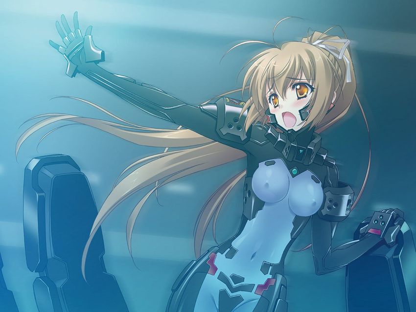 blush bodysuit breasts breasts_apart brown_hair carnelian covered_navel covered_nipples ehentai_sample game_cg hair_ribbon high_ponytail image_sample katia_waldheim long_hair medium_breasts official_art open_mouth orange_eyes outstretched_arm ribbon schwarzesmarken solo standing very_long_hair white_ribbon