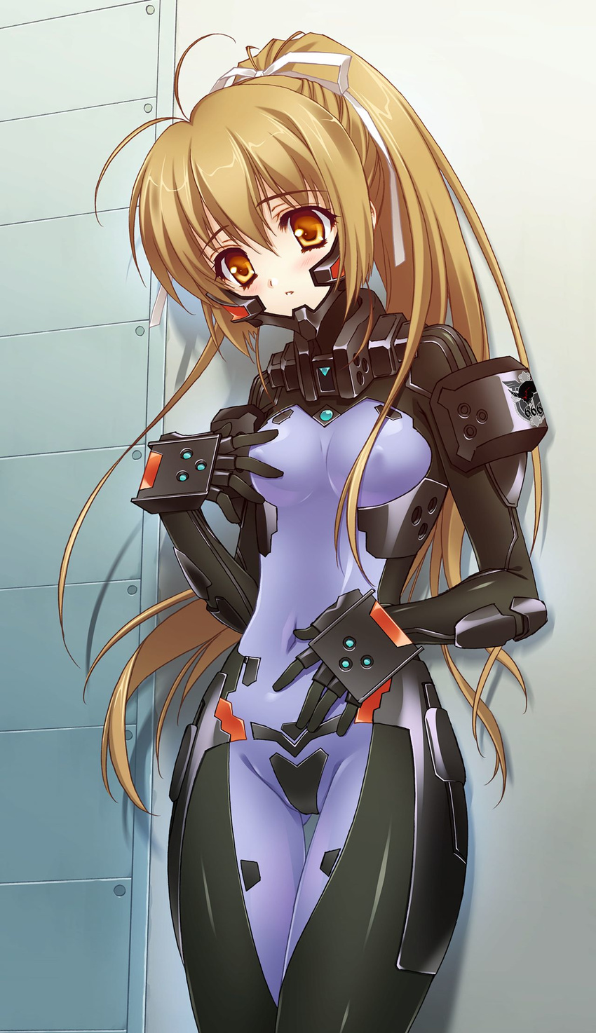 against_wall antenna_hair blush bodysuit bow breasts breasts_apart brown_hair carnelian covered_navel covered_nipples eyebrows_visible_through_hair game_cg hair_bow hair_ribbon head_tilt high_ponytail highres indoors katia_waldheim long_hair looking_down muvluv official_art parted_lips ribbon schwarzesmarken shiny shiny_clothes small_breasts solo standing thigh_gap very_long_hair white_ribbon yellow_eyes